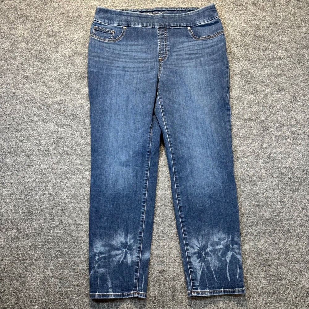 Chico's Pull On Jegging Ankle Women Size 12R Blue Denim Tie Dye Sunburst Hem